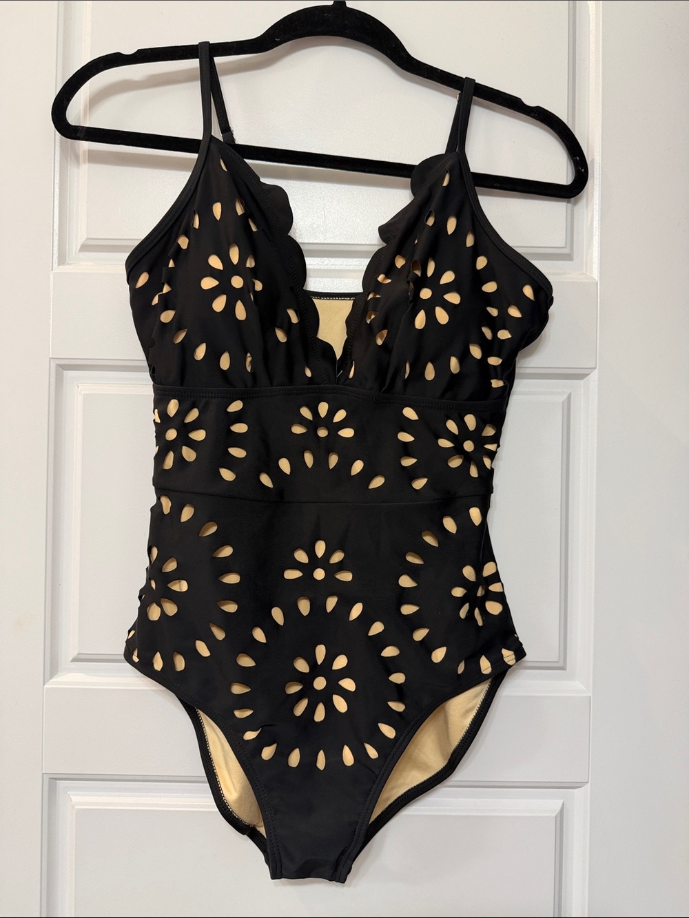 NWOT Black One-Piece Swimsuit with Laser-Cut Floral Pattern with Skirt